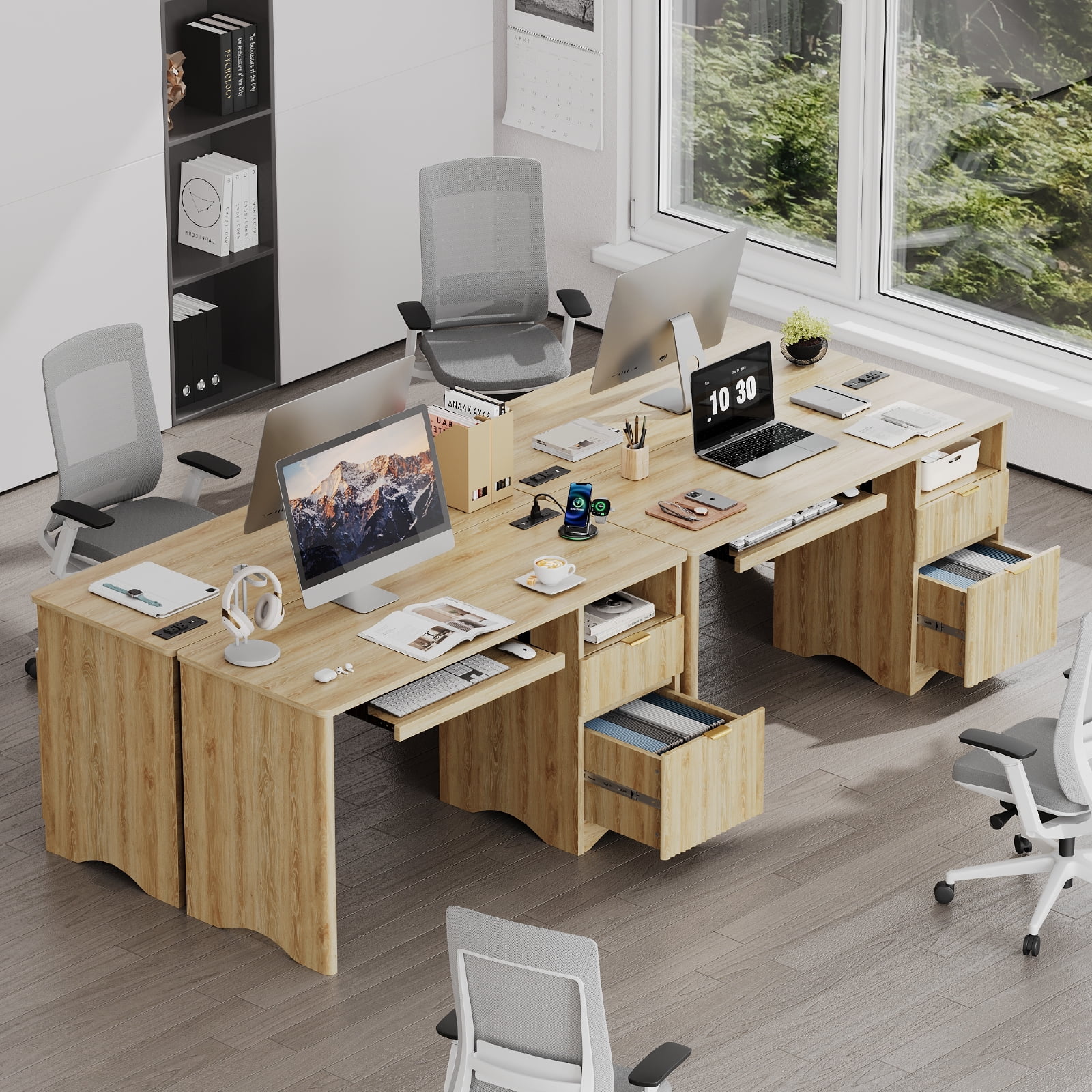 Bestier 55" Computer Writing PC Desk Home Office with Power Outlets Keyboard Tray and Storage Drawers, Log