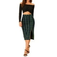 thumbnail image 2 of INSPIRE CHIC Women's Skirt Plaid Pattern Straight Line Elastic Back Knitted Stretchy Slit Skirt XL Green, 2 of 7