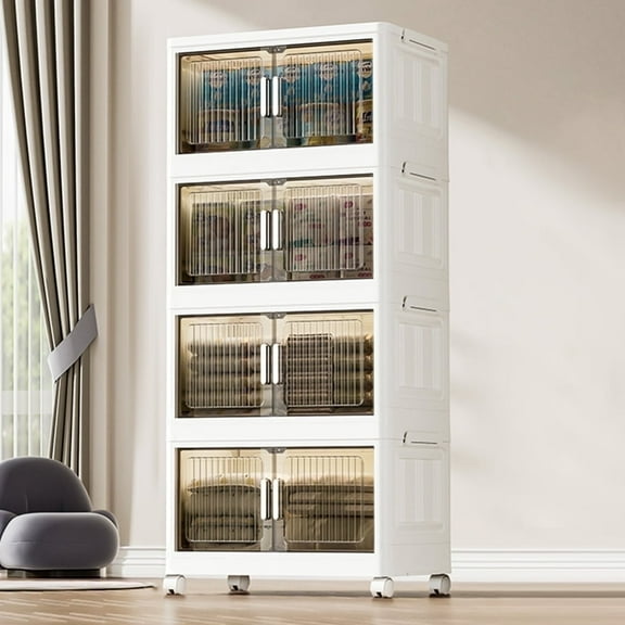 OKENTEN 4 Pack Stackable Storage Bin with Lids,Clear Plastic Folding Storage Containers with Wheels,Large Collapsible Box