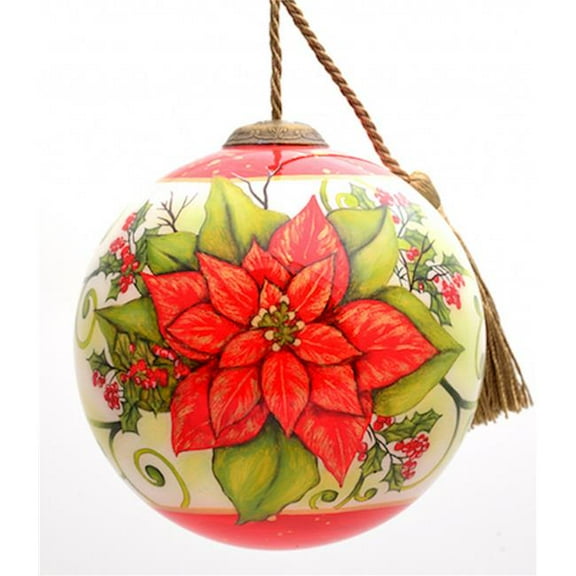 Poinsettia Flower Hand Painted Mouth Blown Glass Ornament, Multi Color