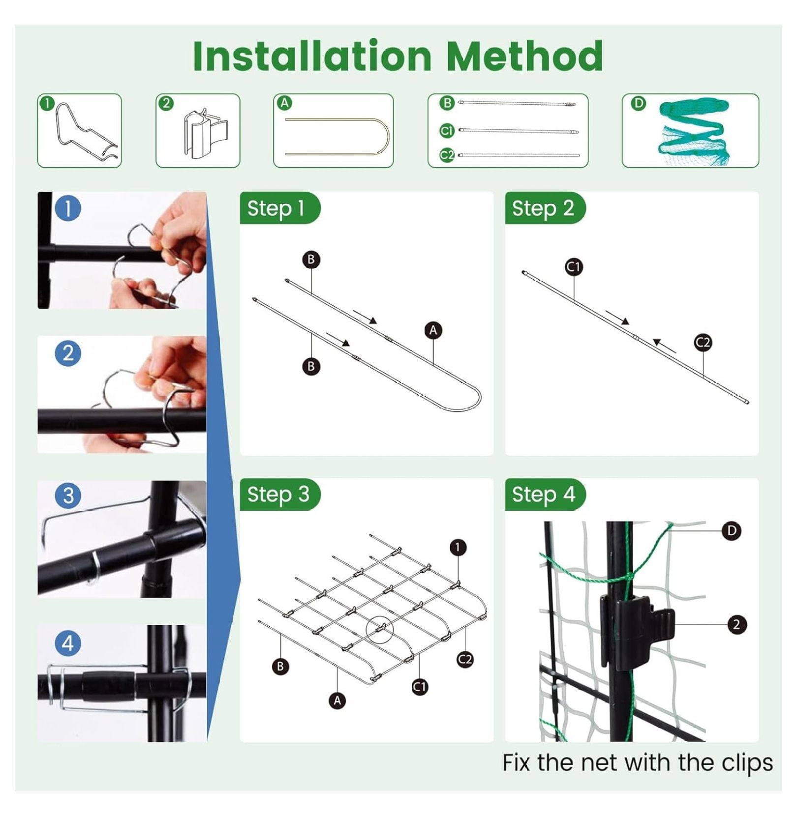 71" x 71" Cucumber Trellis for Raised Bed, Garden Arch Trellis Metal Plant Support Frame with Netting, Sure-Clips & Ground Stakes, U-Shaped Garden Trellis for Climbing Plants Outdoor