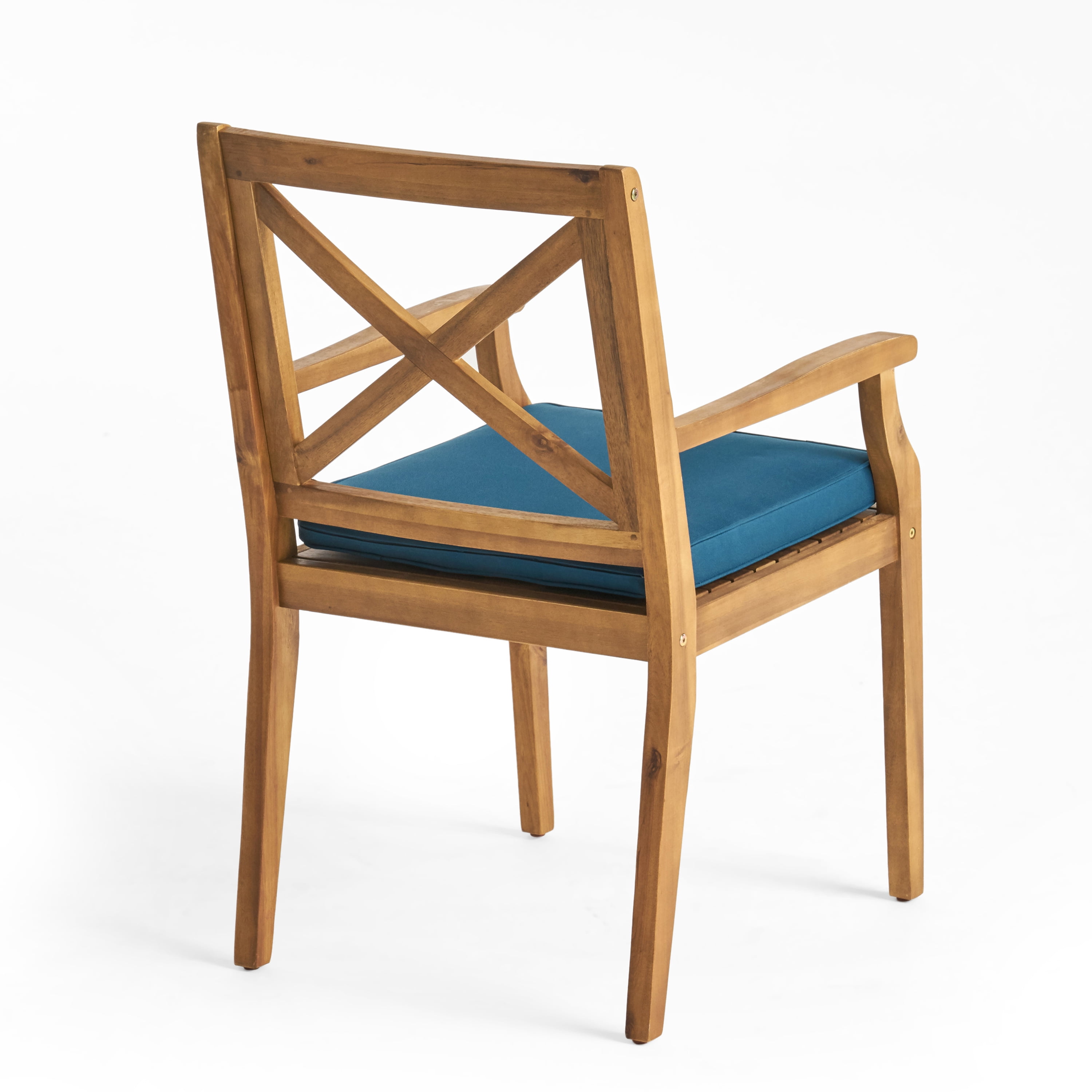 Outdoor Dining Chair Set of 2 with Acacia Wood and Blue Cushions, Patio Chairs and Garden Seating for Backyard Poolside, Teak and Blue