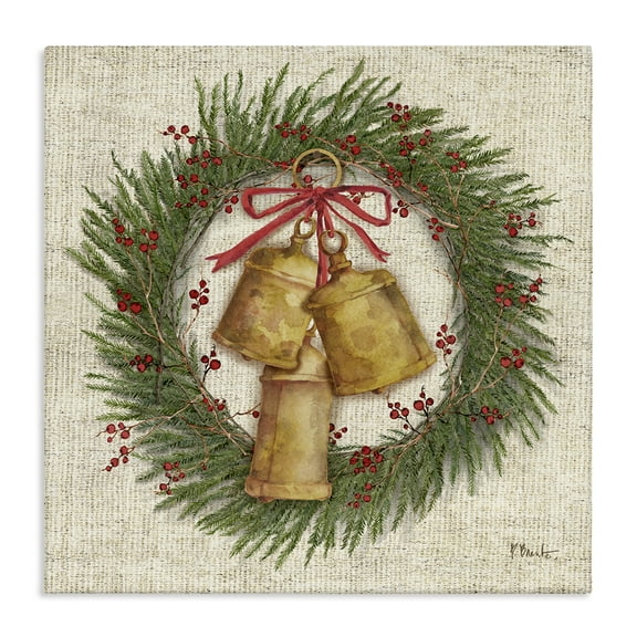 Stupell Industries Festive Bells Wreath Holiday Painting Wrapped Canvas Art Print Wall Art, 17 x 17