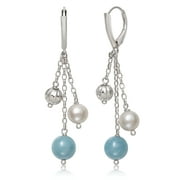 PEARLZZZ Milky Aquamarine and White Cultured Freshwater Pearl Sterling Silver Dangle Leverback Earrings