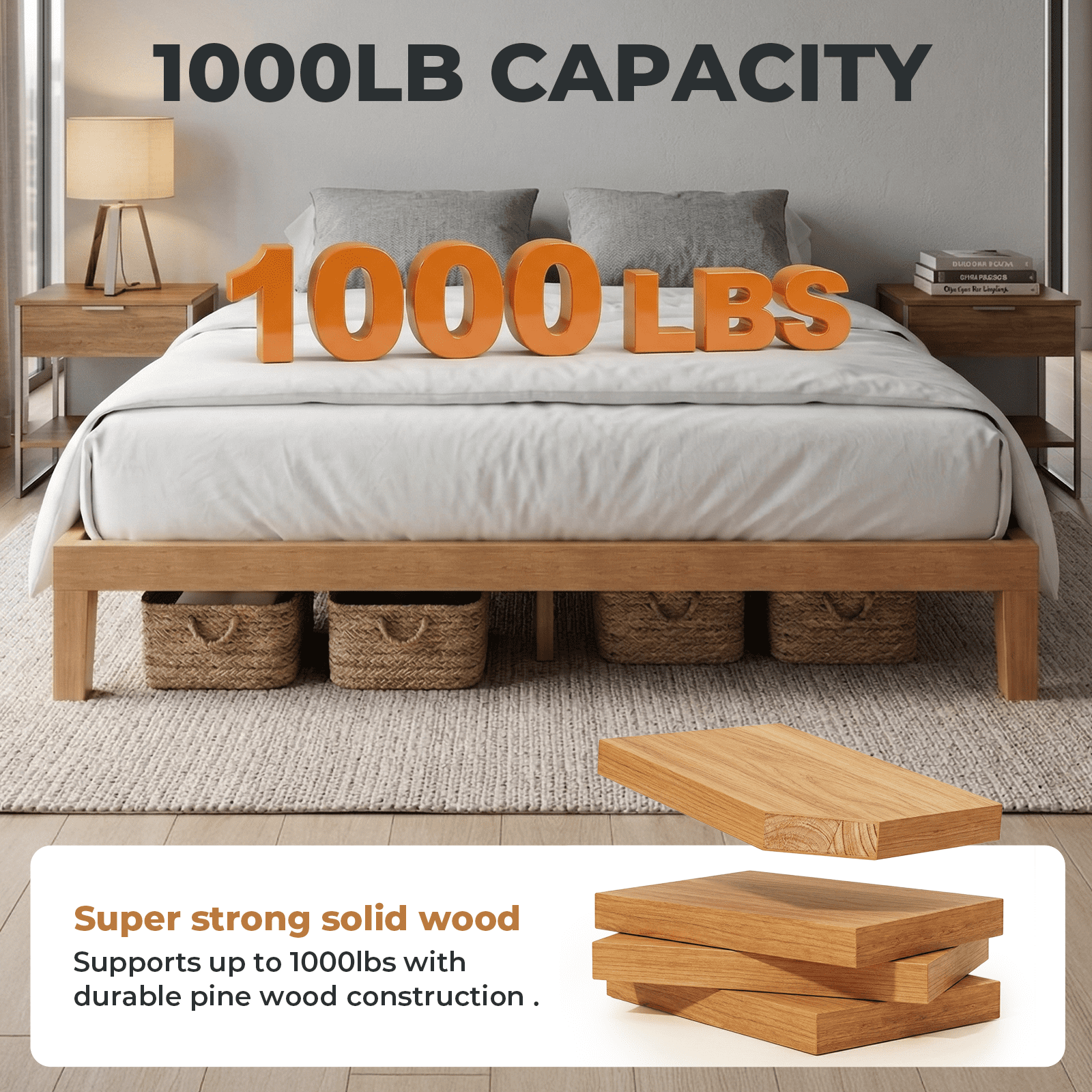 Alvantor Solid Wood Platform Bed Frame, Natural Pine, No Box Spring Needed, Underbed Storage – Twin, Full, Queen, King