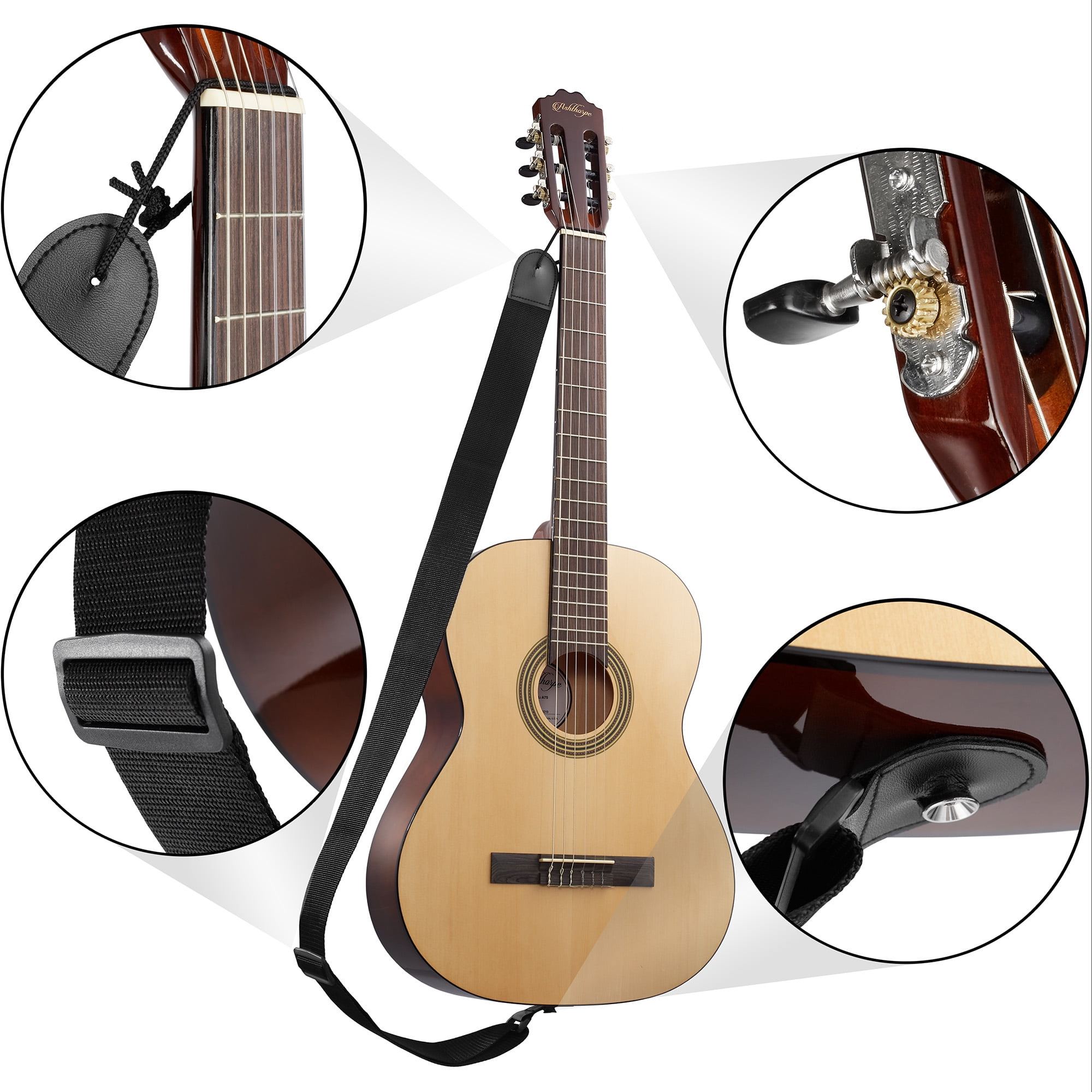 Ashthorpe 39-inch Full-Size Classical Acoustic Guitar, Premium Tonewoods with Classic Natural Finish, Nylon Strings, Gig Bag, Strap, Picks