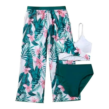 Coerni Girls Swimsuit 3 Piece riss Coss Wrap Bikini Set Bathing Suit with Tropical Print Cover Up Pants Quick Dry Swimwear