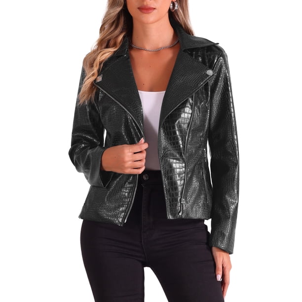 Chaqueta de cuero sintético INSPIRE CHIC para mujeres, chaqueta de motocicleta con cremallera, corta, de PU negra XS