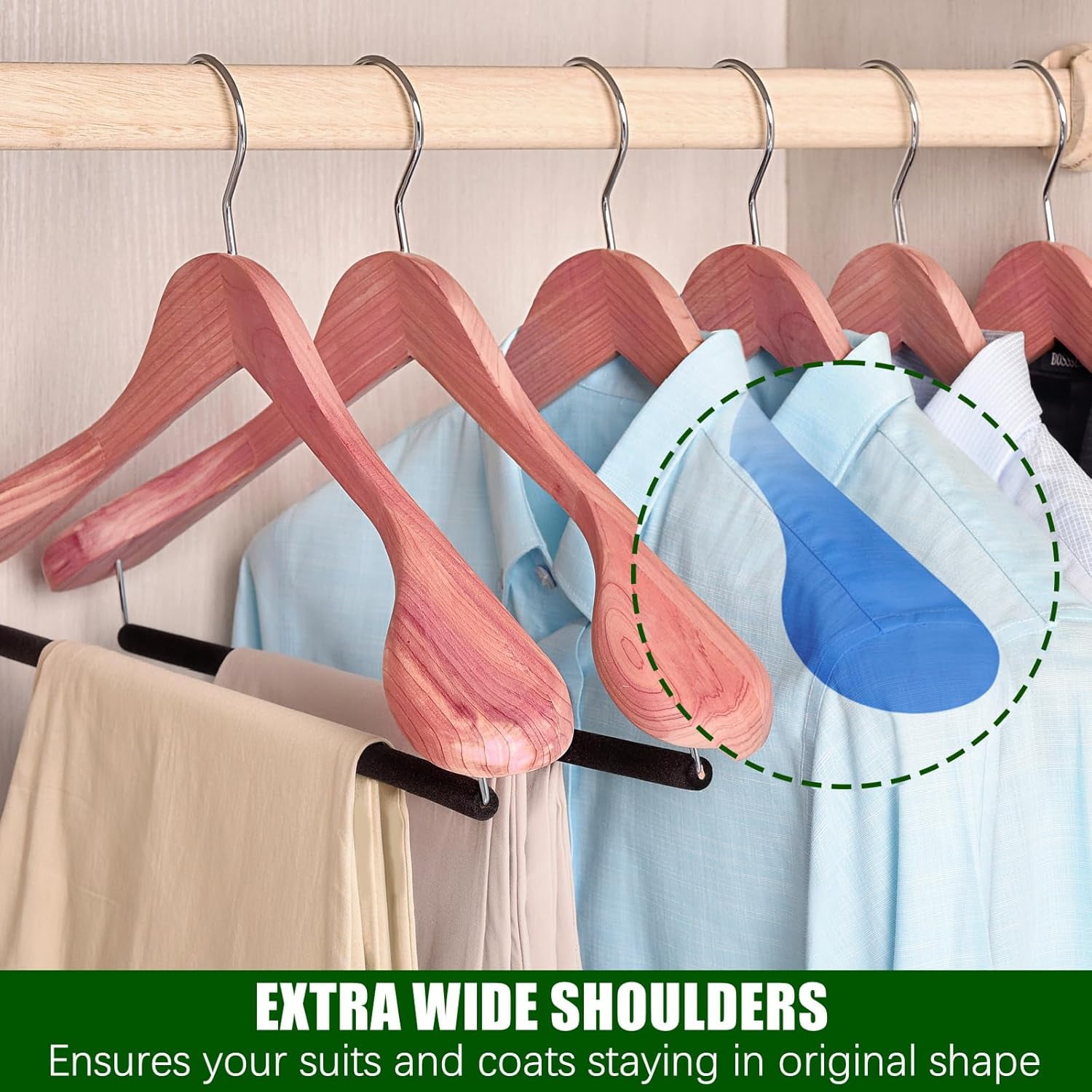 10 Pack American Red Cedar Wood Coat, Suit Hangers with Extra Wide Shoulder, Wooden Jacket Clothes Hanger Smooth Deluxe Aromatic Natural Cedar with Non Slip Velvet Pant Bar