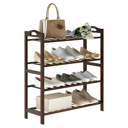 Shoe Rack Organizer, LANGRIA 4 Tier Bamboo Shoe Rack Natural Sustainable Shelf Storage Durable Damp-proof Organizer for Boots Heels Flowerpots, Holds Up to 12