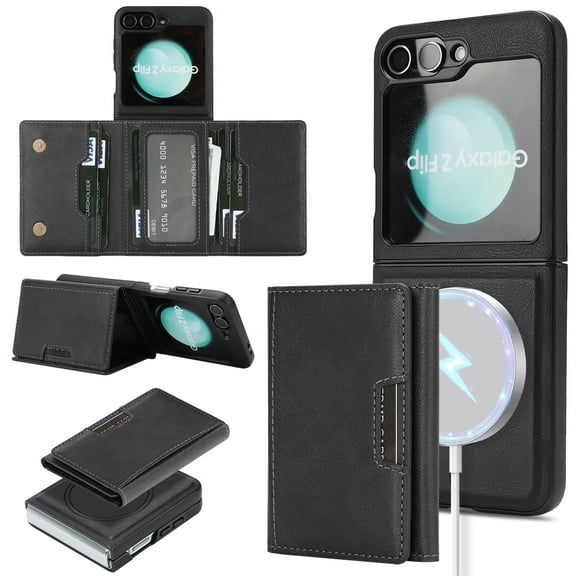 ELEHOLD Case for Samsung Galaxy Z Flip 6, Magnetic Leather Wallet Phone Case with Card Slots & Kickstand,Black