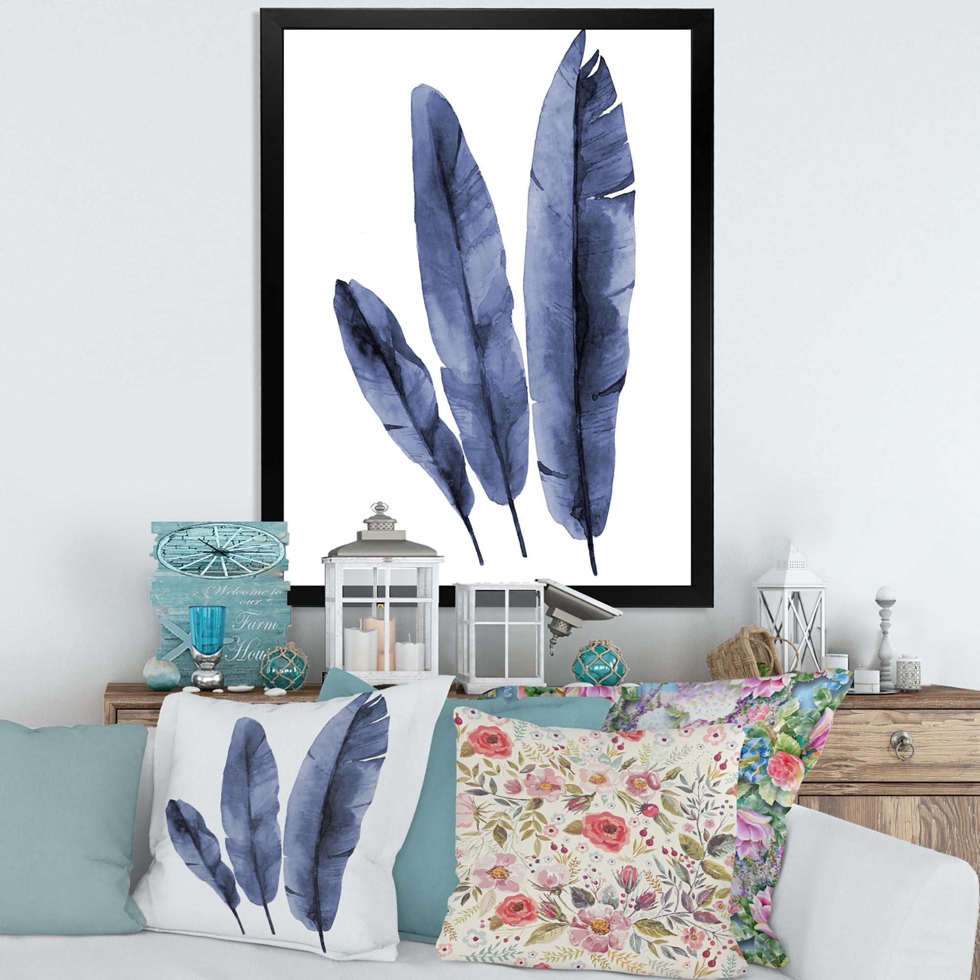 Designart 'Navy Blue Tropical Banana Leaves On White' Tropical Framed Art Print