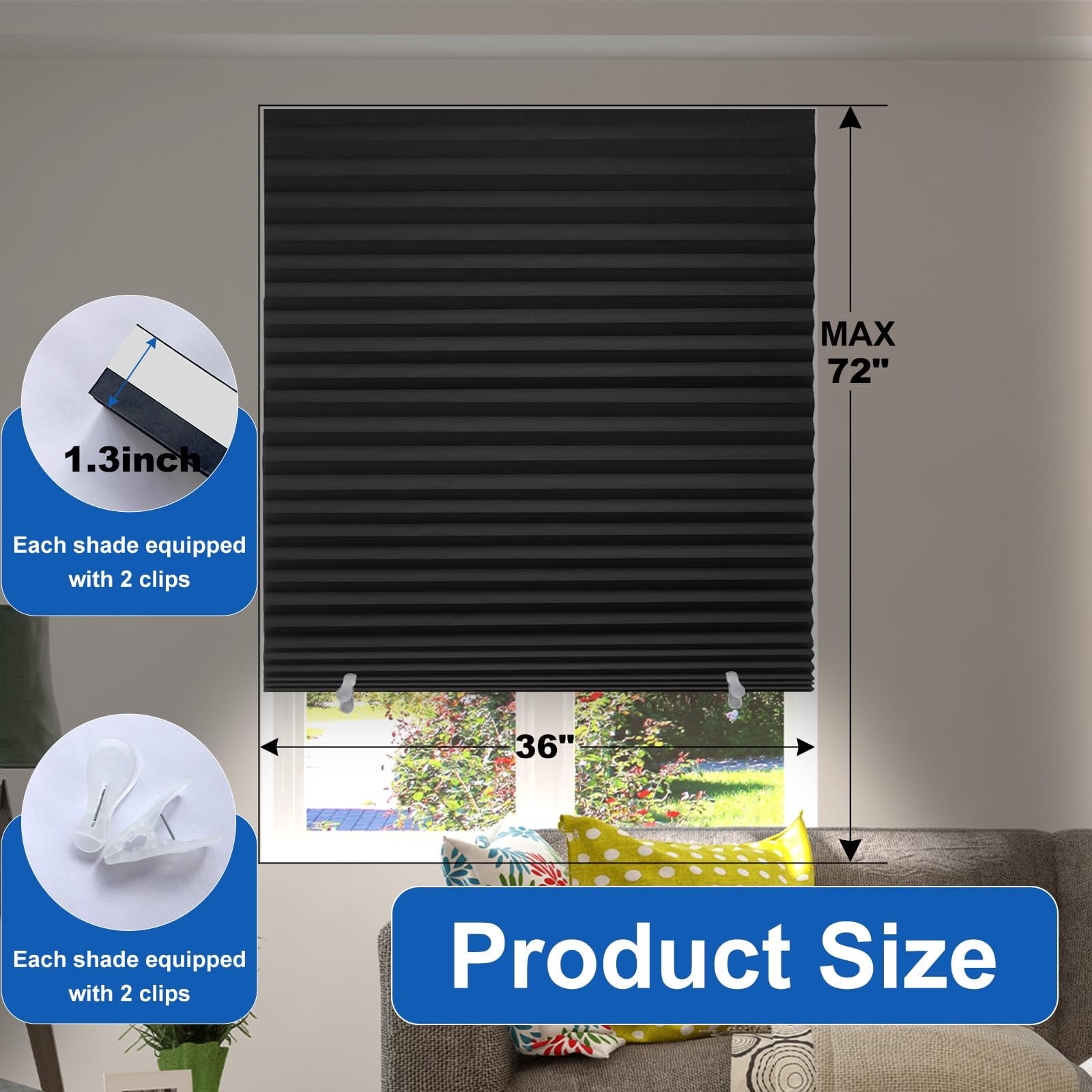 Blackout Paper Window Blinds 36" X 72" - 6 Pack Temporary Cordless Stick On Self-adhesive No Drill Shades  Darkening Pleated Cover For Bedroom Kitchen Patio Door (black 100% Material)