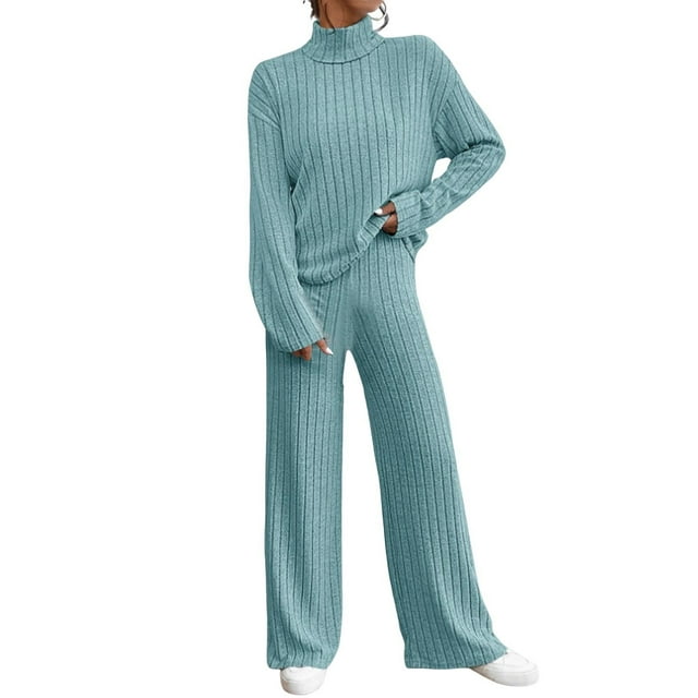 Women's Two Piece Knit Tracksuit - High Neck Tee & Wide Pants, Polyester Spandex, Elastic Waist, Loungewear Set