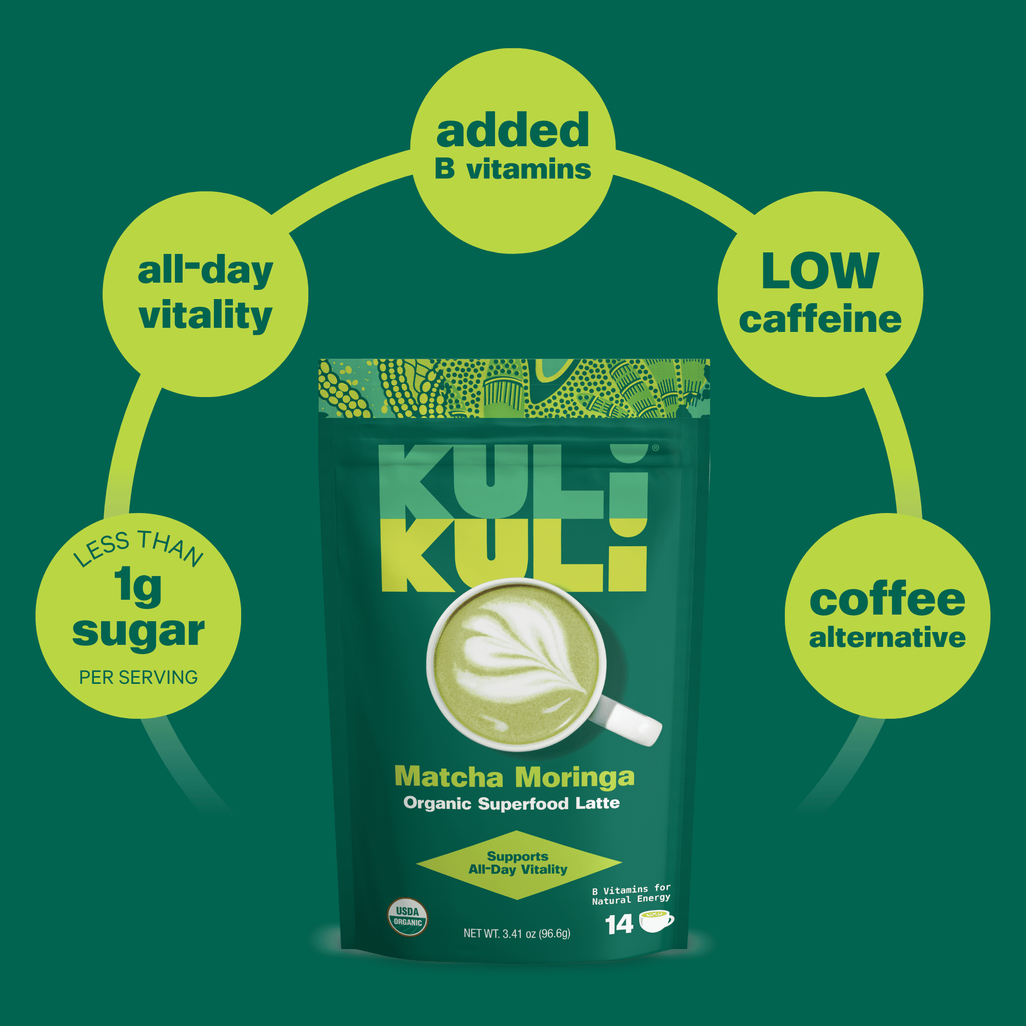 (6 pack) Kuli Kuli Organic Matcha Moringa Superfood Latte with Lion's Mane, Low-Caffeine Coffee Alternative, 3.41 oz