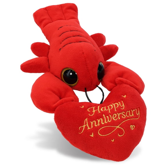 DolliBu Big Eye Lobster Stuffed Animal with Happy Anniversary Red Heart Plush - Soft and Cuddly Ocean Animal Lobster Plush Toy Gift for Couples or Friends - 6 Inches