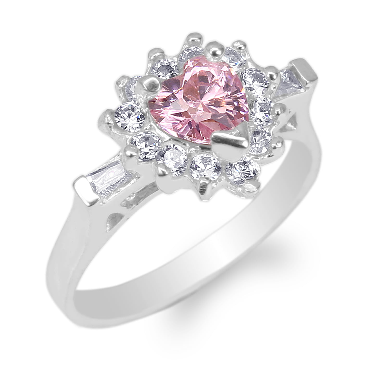10K White Gold Solid Heart  Pink Tourmaline CZ Beautiful Halo Ring Size 4-10