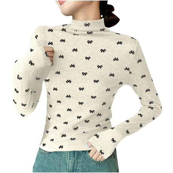 AherBiu Long Sleeve Tops for Women Undershirt Turtleneck Basic Layer T Shirts Printed Tees Blouse