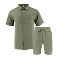 thumbnail image 5 of FRSASU Men's Cotton and Linen 2 Piece Outfits Short Sleeve Button up Shirts and Shorts Vacation Summer Beach Outfits Army Green, 5 of 5