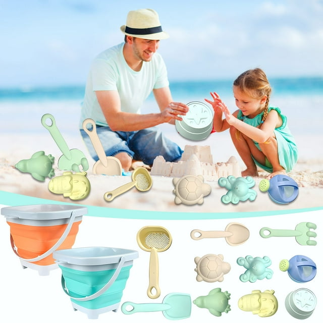 Xihbxyly Juego de Arena para Playa, Cubo Plegable, Pala y Rastrillo, Divertidos Moldes de Arena, Regadera y Colador, Perfecto para Jugar Al Aire Libre, Regalo de Verano, Juego de 11 Piezas para Niños