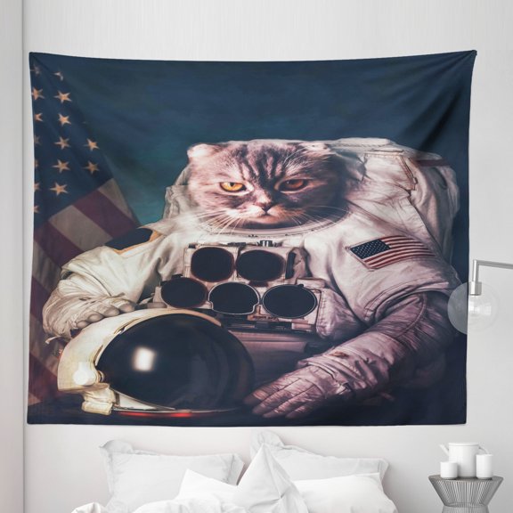 Space Cat Tapestry, Vintage Image Astronaut Kitty with American Flag Patriot Animal, Fabric Wall Hanging Decor for Bedroom Living Room Dorm, 5 Sizes, White Red and Dark Blue, by Ambesonne