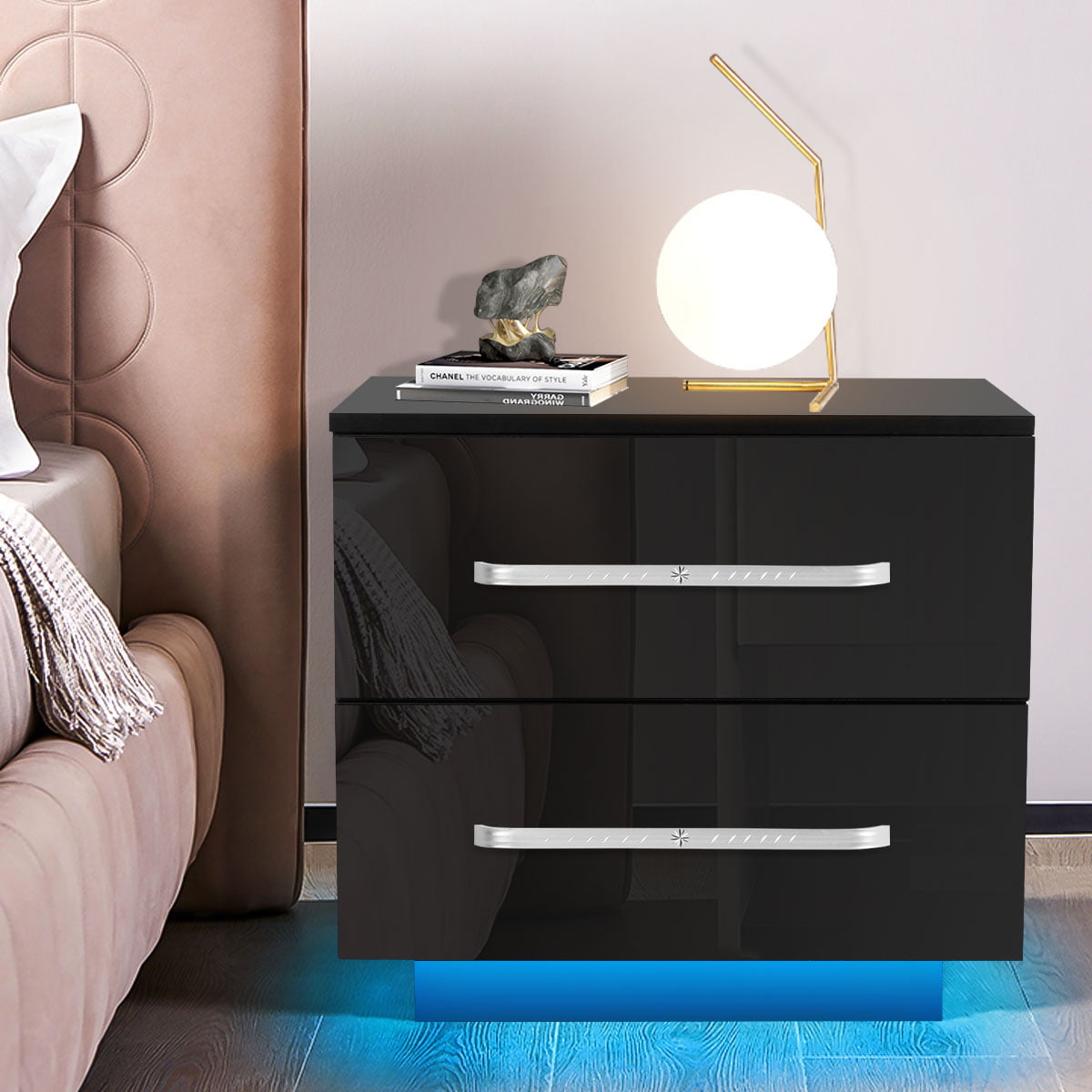 High Gloss Front White/Black Bedside Cabinet Table 2 Drawers FREE LED 