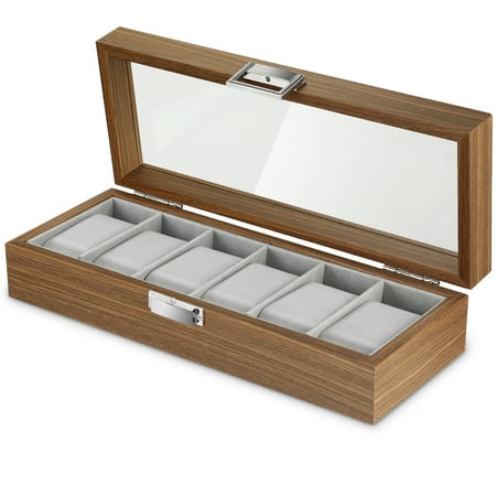 Watch Box Case Organizer Display for Men, 6 Slot Wood Box with Glass Top