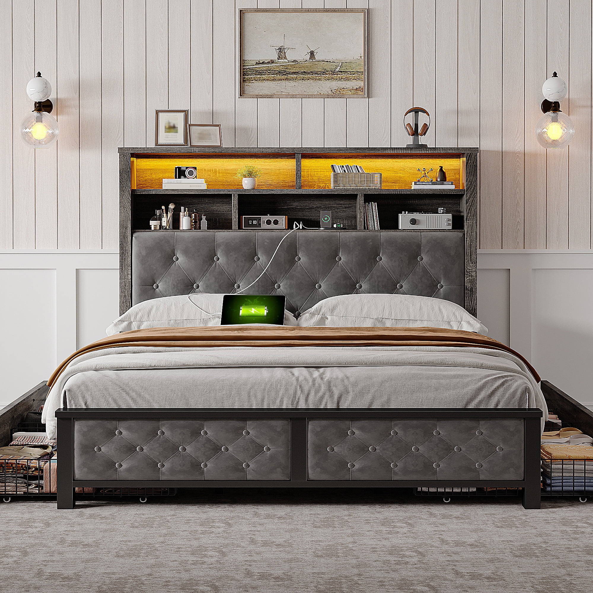 EnHomee Full Size Bed Frame with Headboard and Storage Drawers Bed Frame Full NO Box Spring Needed Full Bed Frame with 2-Tier Storage Shelf & LED Lights & Charging Station