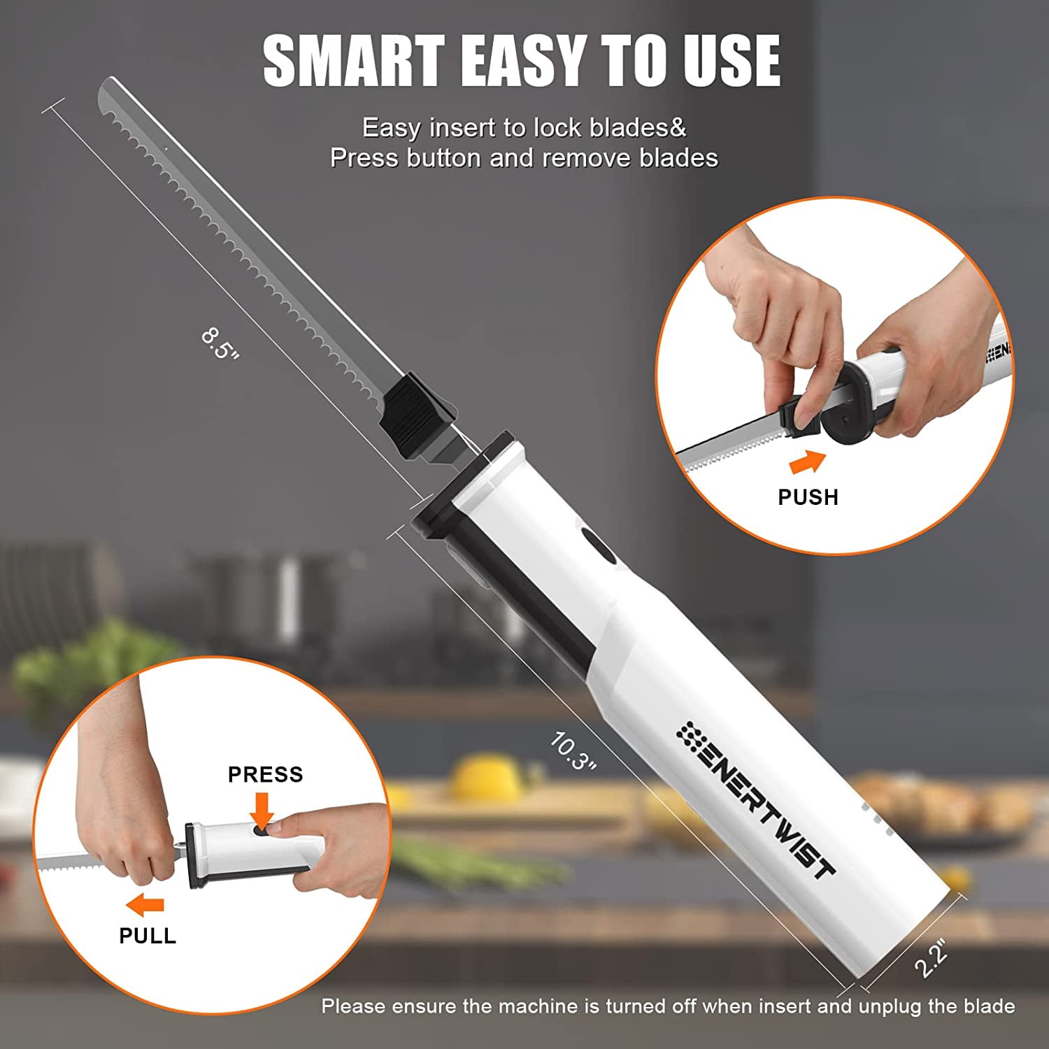 Cordless Electric Knife Carving for Meat Turkey and Bread, 8V Battery Powered Electric Knife with 4 Stainless Steel Blades, Safety Lock