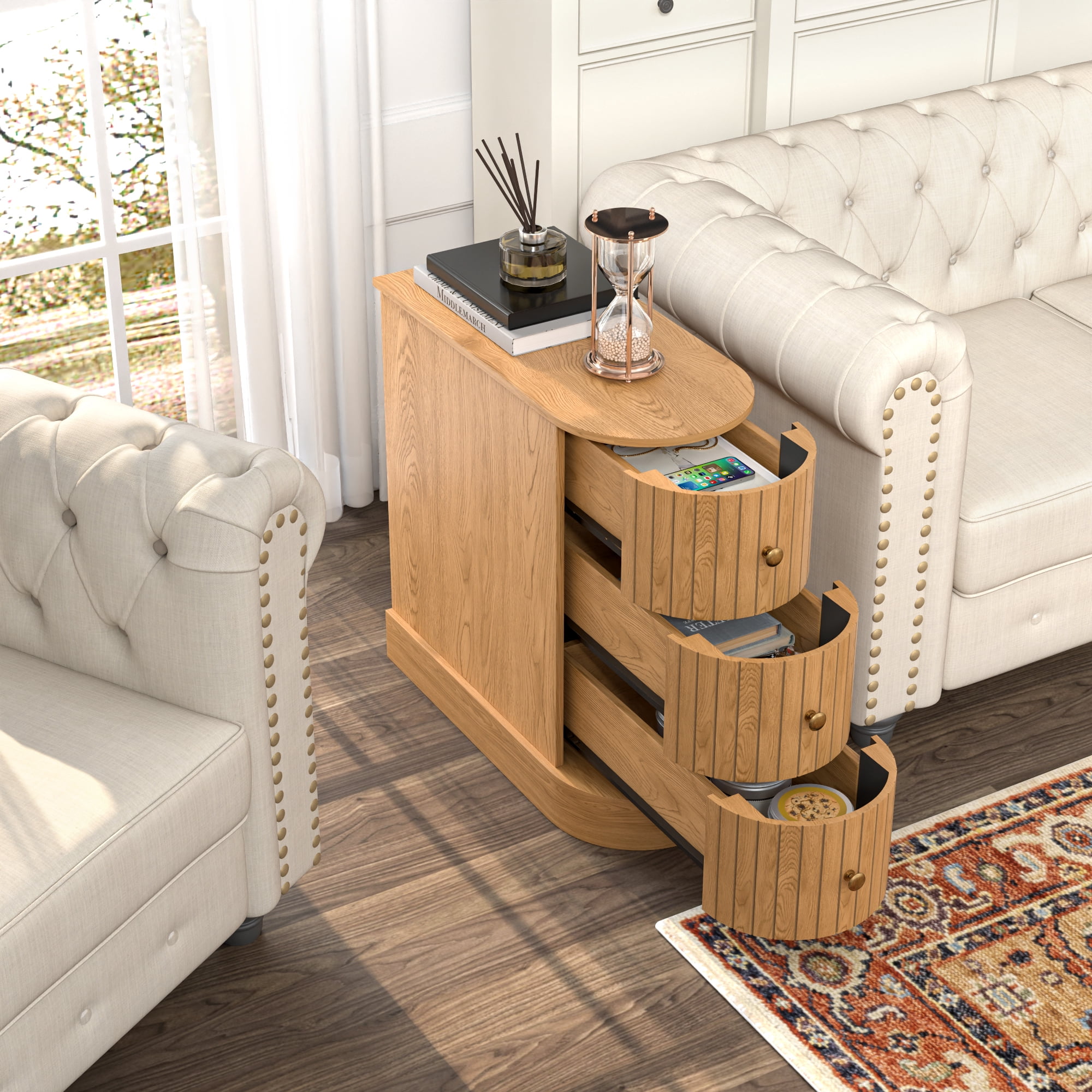 3 Drawers Wood End Table, Narrow Sofa Side Table for Living Room, Slim Nightstand Bedside Table