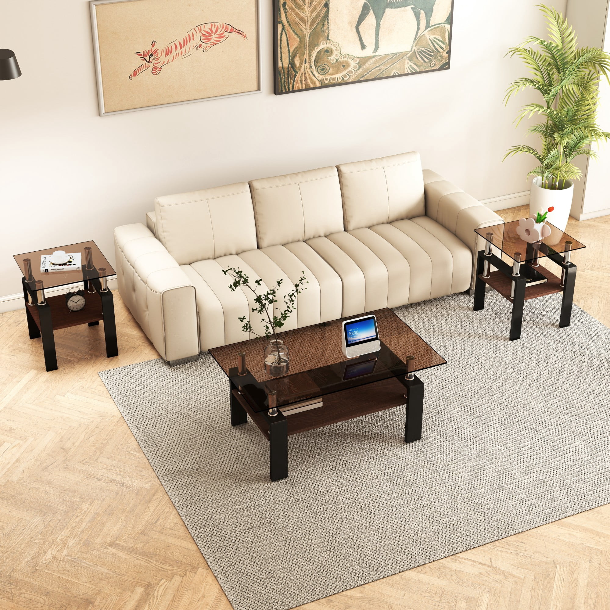 Euroco Set of 2 Modern Tempered Glass Tea Table ,Tempered Glass Tabletop with MDF Layer,Coffee Table,End Table, Square Table for Living Room, Brown/black