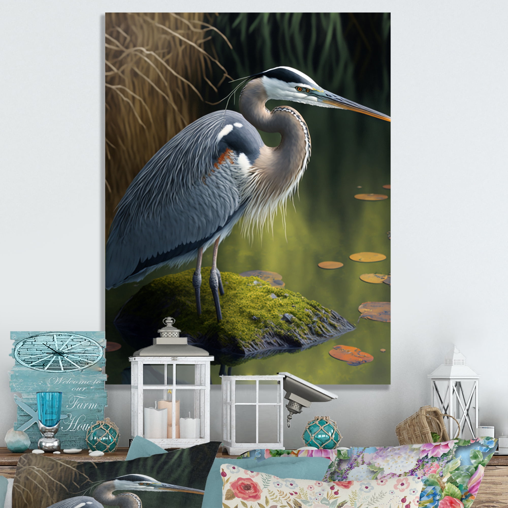 Designart Cute Heron In A Lake Floral Art V Canvas Wall Art