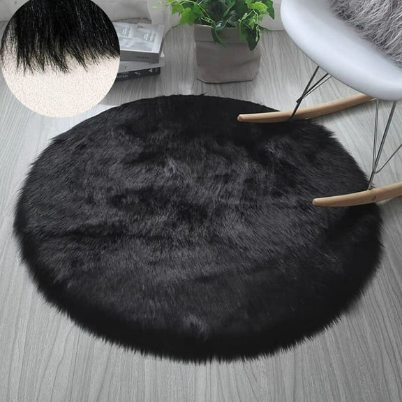 Soft Round Fur Area Rug 2.3x2.3ft Shaggy Fluffy Rugs Black Plush Circle Floor Mat for Bedroom Living Room Decor Carpet