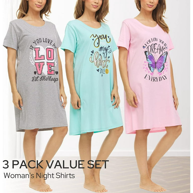 3 Pack: Womens 100% Cotton Sleep Shirt - Soft Printed Sleep Dress Nightgown  Sleepwear Pajama Nightshirt Medium, Set A