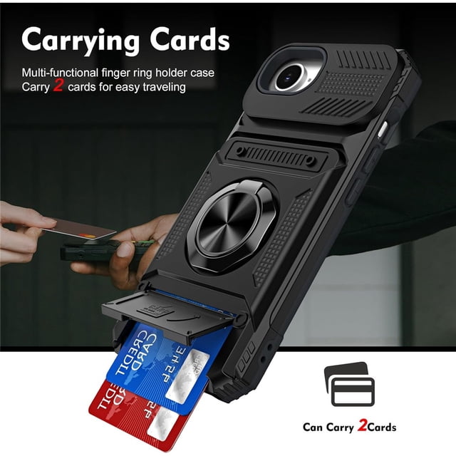For Apple iPhone 17e/16e Phone Case with Finger Ring Holder Kickstand, Card Slots,Heavy Duty Shockproof Rugged Protective Working with Magnetic Car Phone Mount,Black
