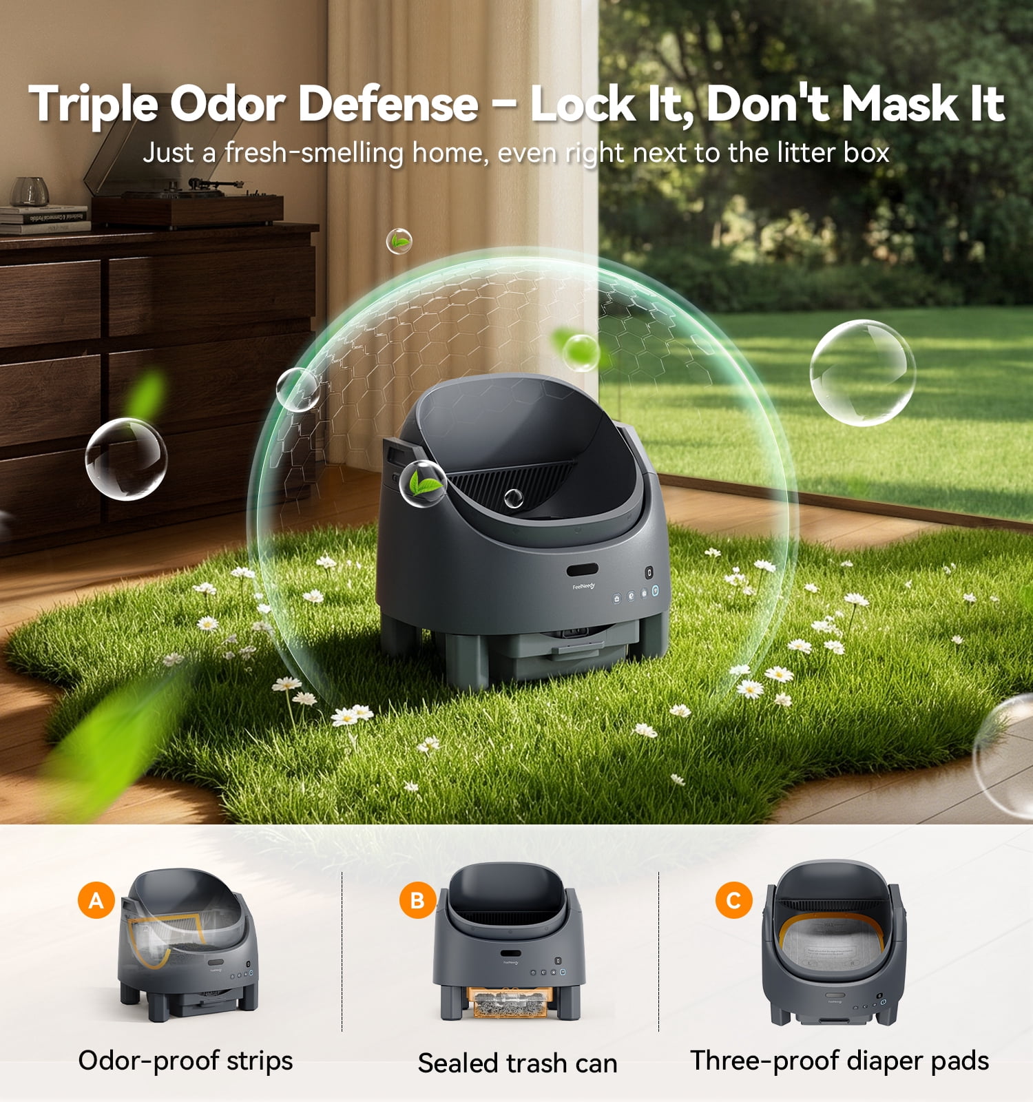 FeelNeedy Self Cleaning Cat Litter Box, Open-Top Smart Automatic Litter Box with App Control, Odor Control, Safety Sensors, Includes Mat and Waste Bags, for Multiple Cats