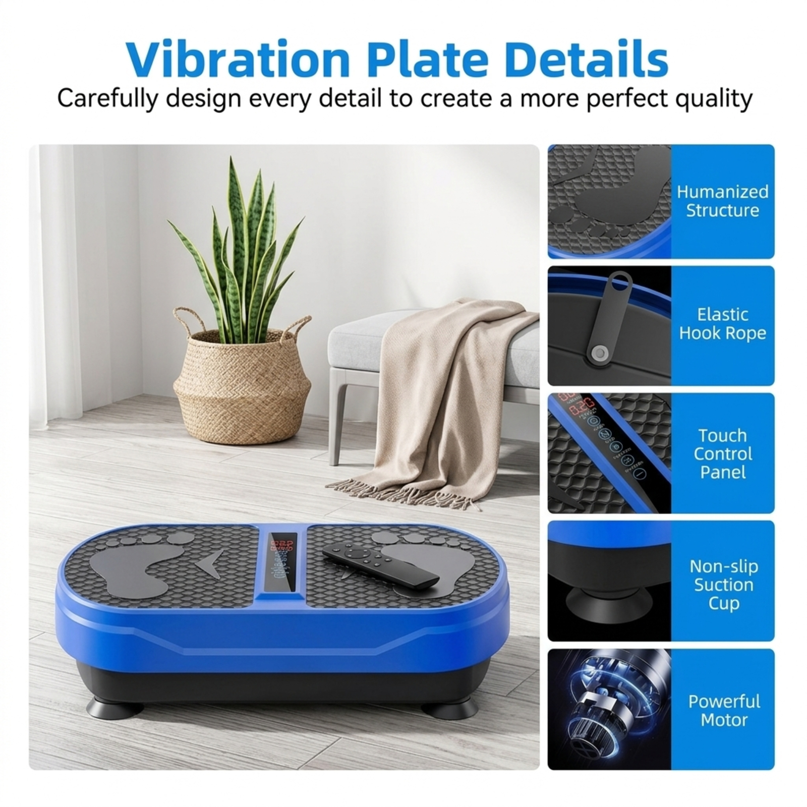 Fenbeli Vibration Plate Exercise Machine, 1-999 Speeds, Bluetooth Speaker, Remote, 2 Loops and 5 Resistance Bands, 450 lb Capacity, Blue