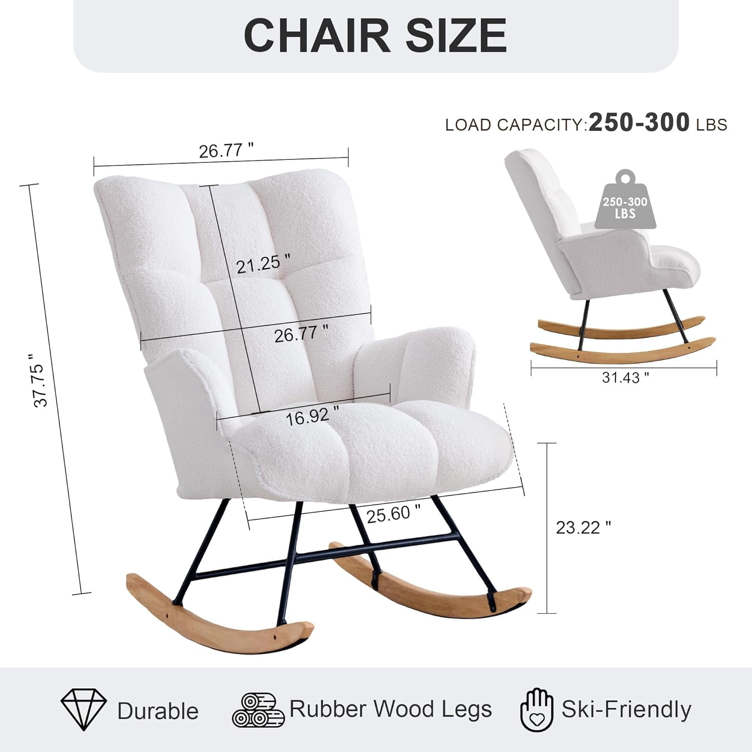 QuzyAor Teddy Fabric Nursery Glider Rocking Chair,Soft Upholstered Chair with Optional Footrest & Headrest for Baby Nursery Living Room,Ivory