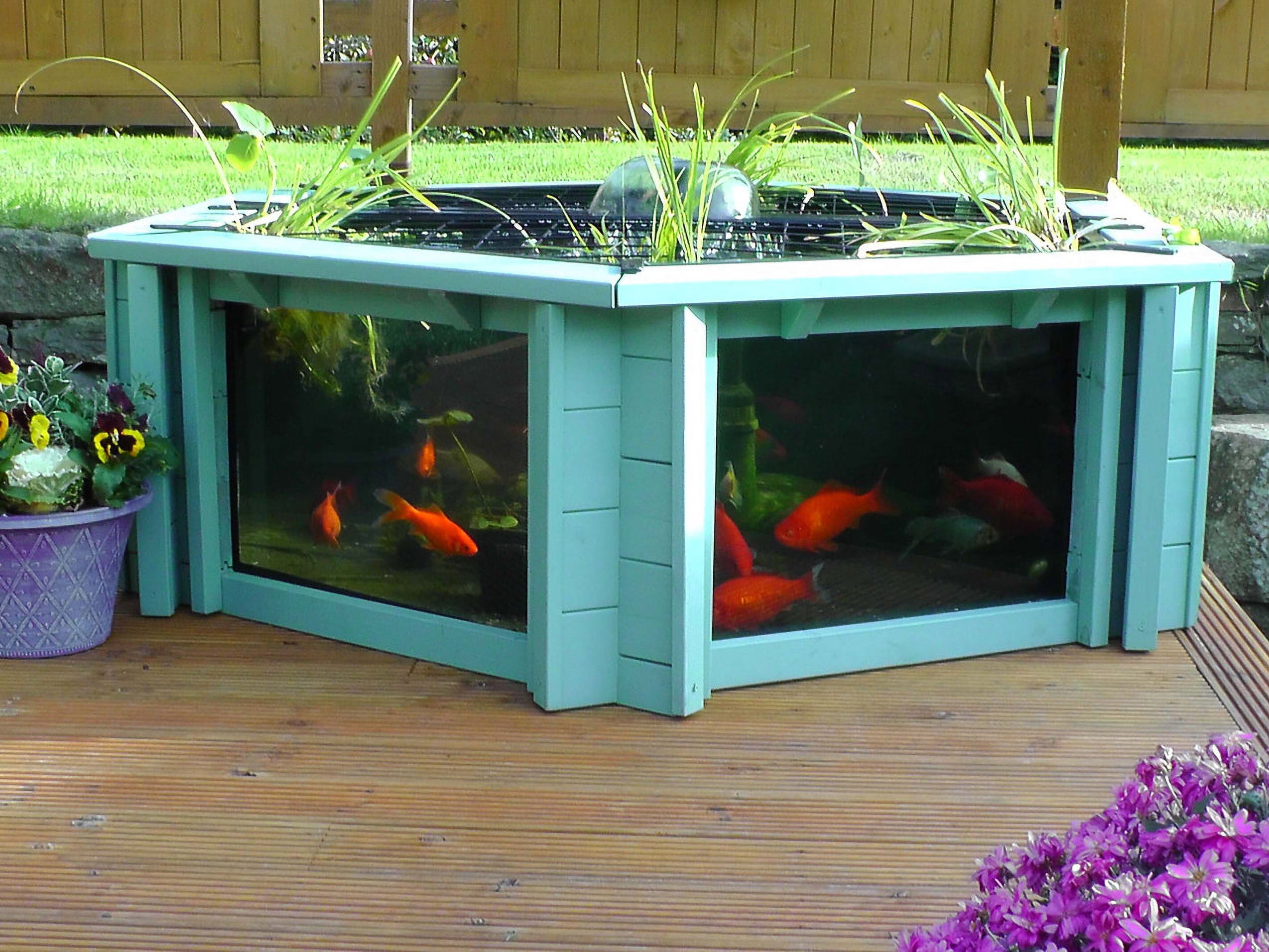 Raised Hexagon Wood Pond with Large Windows  - Lily Clear View Garden Aquarium  in Green 172 Gallon