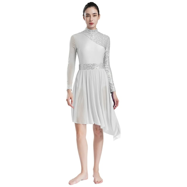 Miaeowve Costumes de Danse Lyrique pour Femmes Robe de Bal à Paillettes Blanches TG