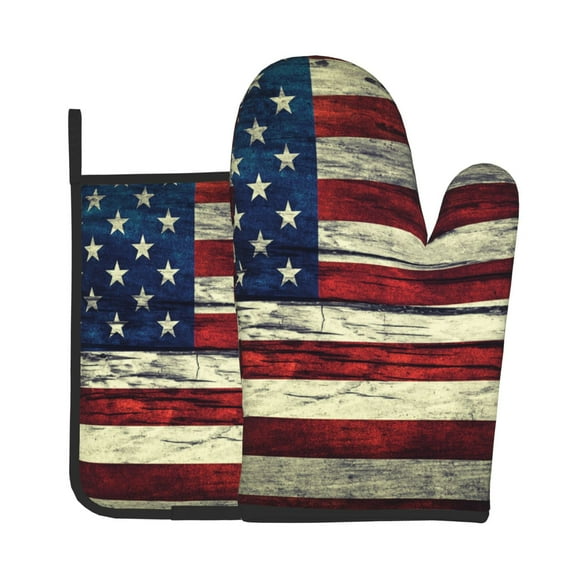 Oven Mitts And Pot Holders 2 Pcs Set High Heat Resistant Degree Extra Thicken Long Kitchen Oven Glove For Kitchen Baking Grilling Non-Slip Cooking Mitts Vintage American Flag United States 4th July