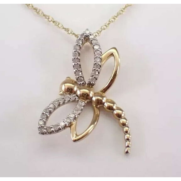 1CT Round Cut Simulated Diamond 925 Silver Dragonfly Pendant 14k Yellow Gold Plated