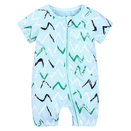 Bodysuit for Boys and Girls Short Sleeved Summer Double Zipper Crawl Suit Floral Printed Crew Neck Casual Kids Jumpsuits Children Clothes for 0-3 M
