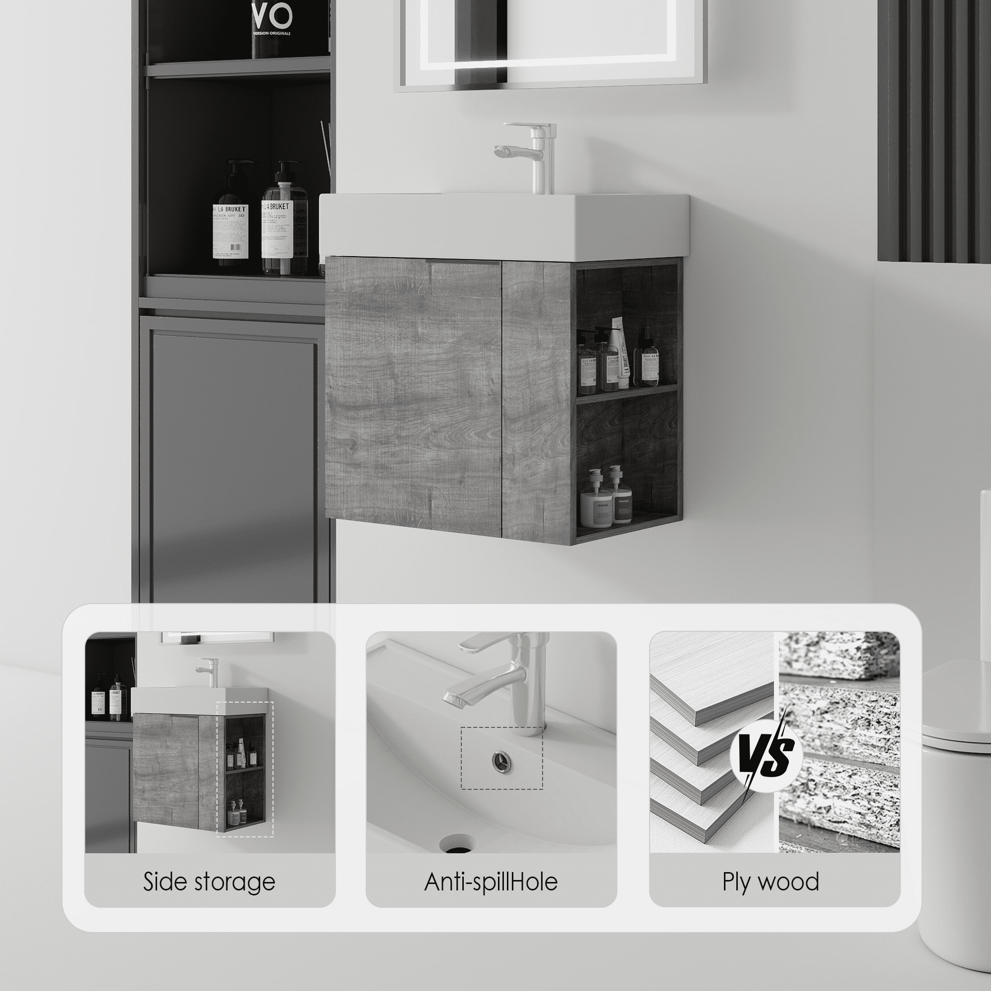 Leumius 21.6" Floating Bathroom Vanity with Ceramic Sink,Floating Bathroom Sink Cabinet for Small Space,Bathroom,Grey