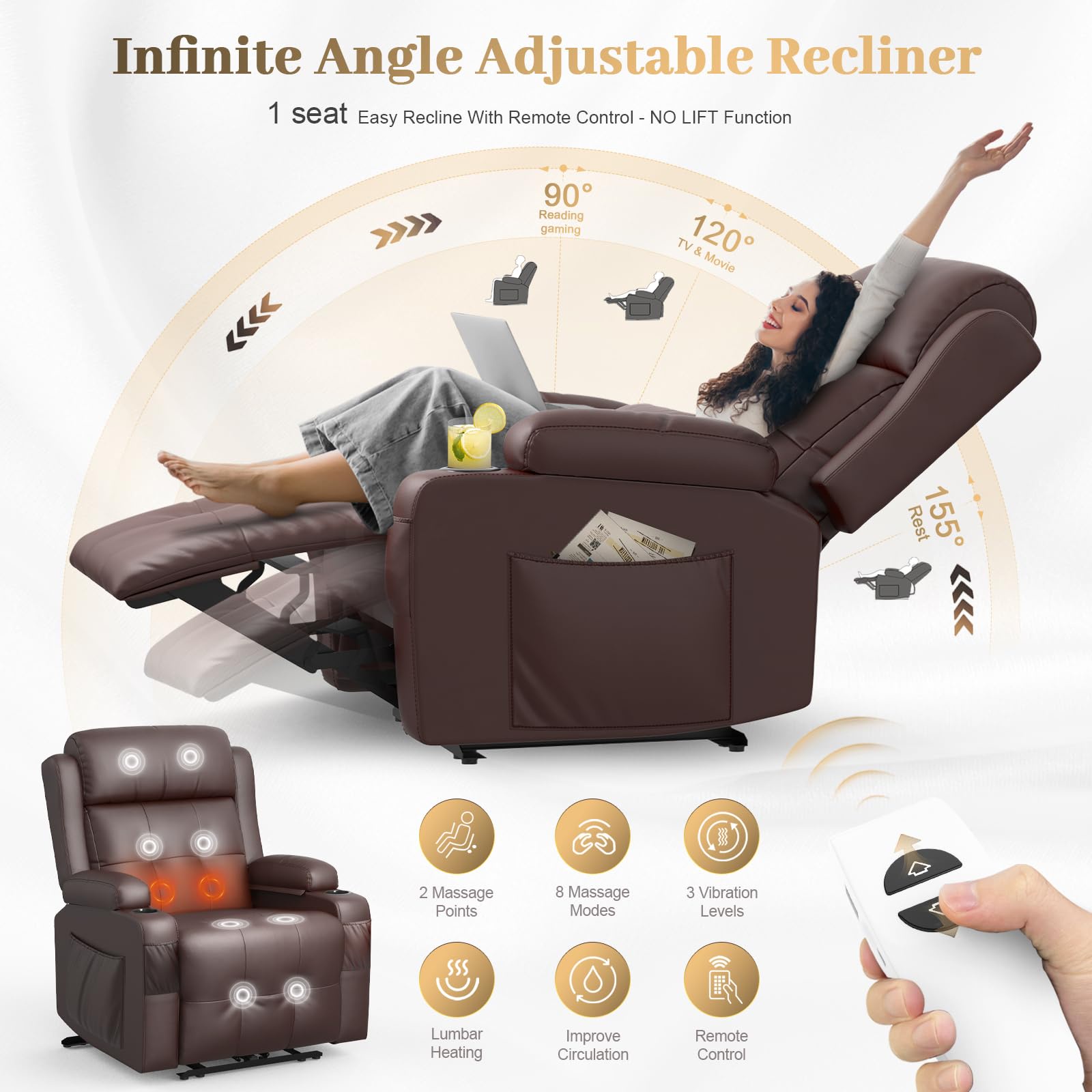 LOBERFVE Loveseat, 2 Seater Manual Recliner with Cup Holders, USB and Type-C Interface, PU Leather Recliner Sofa with Massage Function for Living Room Furniture, Brown 2+1