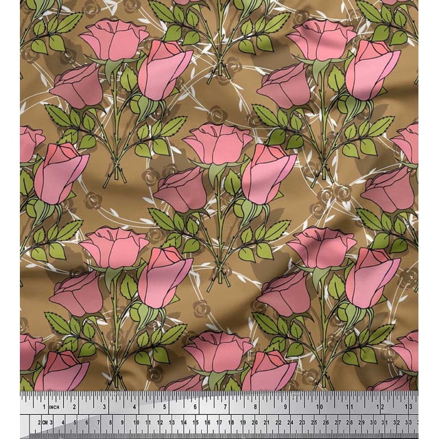 Soimoi Tissu en Rayonne Imprimé Feuilles & Roses au Mètre 42 Pouces de Large
