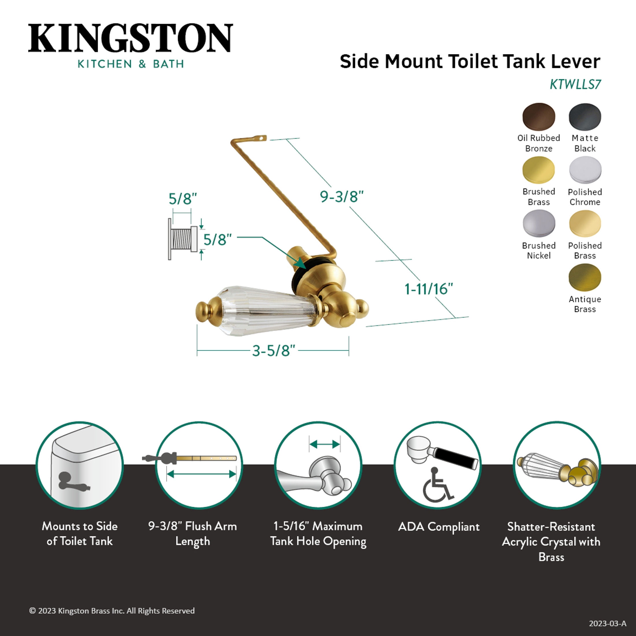 Kingston Brass KTWLLS8 Wilshire Side Mount Toilet Tank Lever, Left/Right Installation in Brushed Nickel