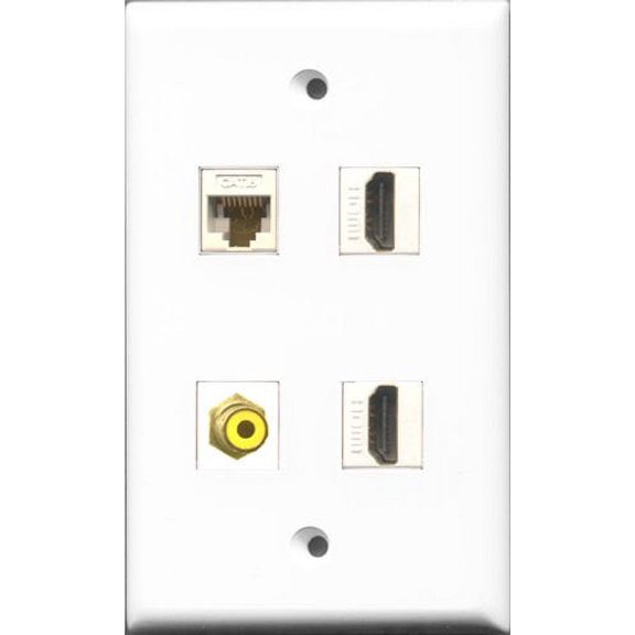 RiteAV - 2 Port HDMI and 1 Port RCA Yellow and 1 Port Cat6 Ethernet White Wall Plate