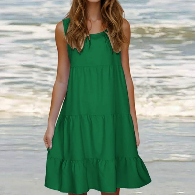 fartey Robe Décontractée pour Femmes Été Unie Col Rond à Étages Ample Robe Débardeur Sans Manches Ligne A Confortable Midi Robe de Plage