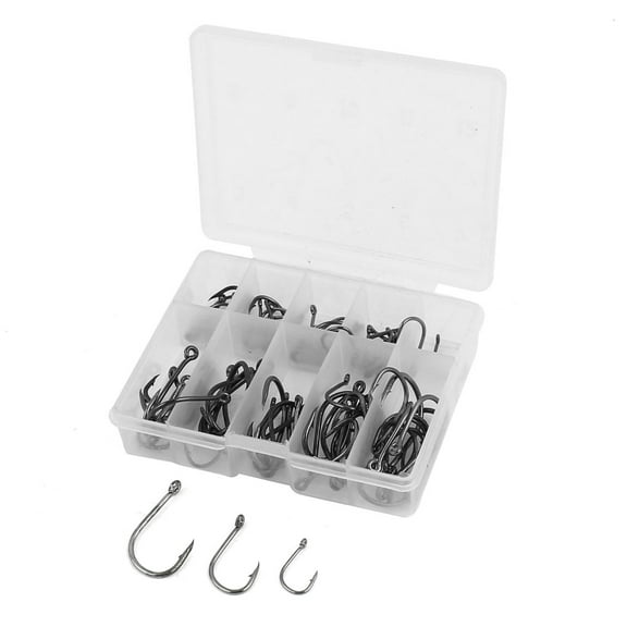 Uxcell Barb Eye Hole End Fishhook Fishing Hooks Tackle Angling Tool w Plastic Case Silver Tone 65 Pcs